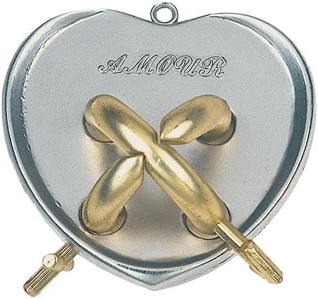Amour hanayama cast metal puzzle assembled on a work bench