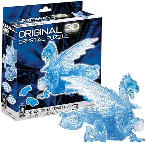 Blue Dragon deluxe 3d crystal puzzle assembled on a work bench