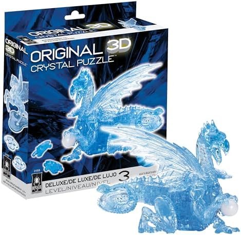 Blue Dragon deluxe 3d crystal puzzle assembled on a work bench