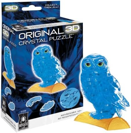 Blue Owl original 3d crystal puzzle assembled on a work bench