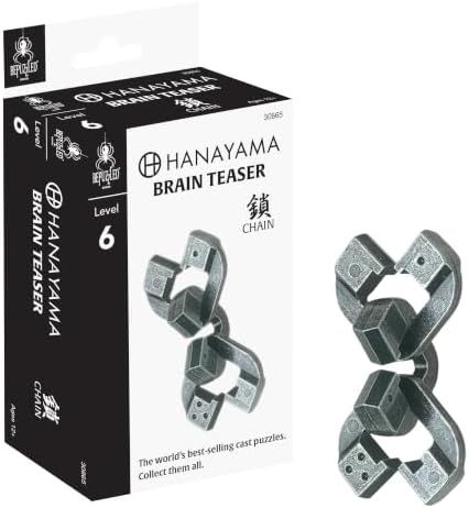 Chain hanayama cast metal puzzle assembled on a work bench