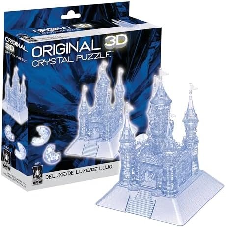 Clear Grand Castle deluxe 3d crystal puzzle assembled on a work bench