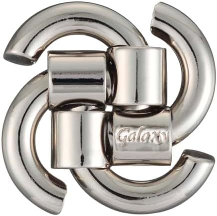 Galaxy hanayama cast metal puzzle assembled on a work bench