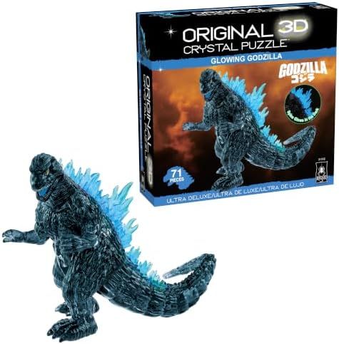 Glowing Godzilla ultra-deluxe 3d crystal puzzle assembled on a work bench