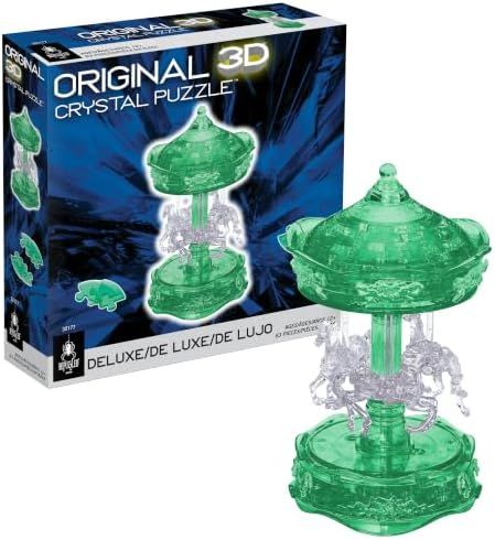 Green Carousel deluxe 3d crystal puzzle assembled on a work bench