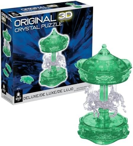 Green Carousel deluxe 3d crystal puzzle assembled on a work bench