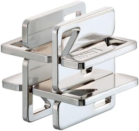 Hashtag hanayama cast metal puzzle assembled on a work bench