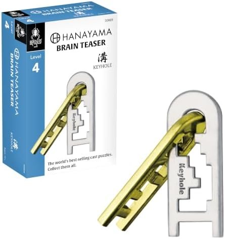Keyhole hanayama cast metal puzzle assembled on a work bench