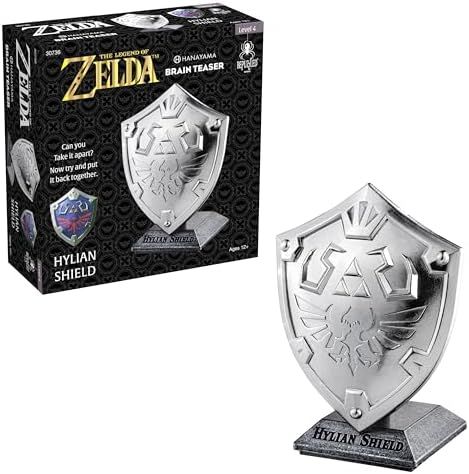 Legend of Zelda Hylian Shield hanayama cast metal puzzle assembled on a work bench