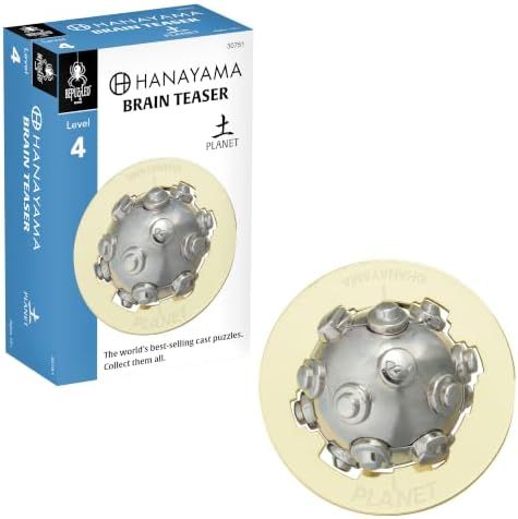 Planet hanayama cast metal puzzle assembled on a work bench