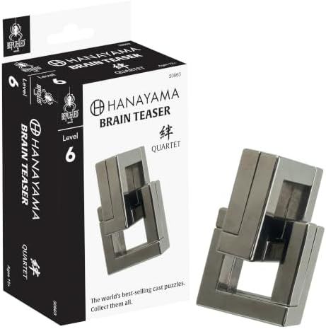 Quartet hanayama cast metal puzzle assembled on a work bench