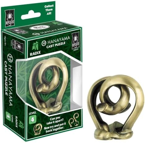 Radix hanayama cast metal puzzle assembled on a work bench