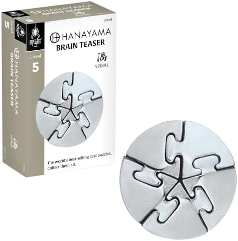 Spiral hanayama cast metal puzzle assembled on a work bench