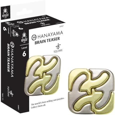 Square hanayama cast metal puzzle assembled on a work bench