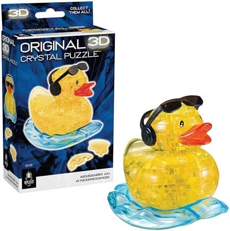Yellow Rock'n Duck original 3d crystal puzzle assembled on a work bench